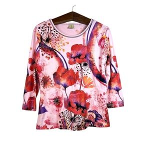 Jess & Jane Pink Purple Abstract Floral Top Hippie Artsy Boho Shirt Size M Y2K